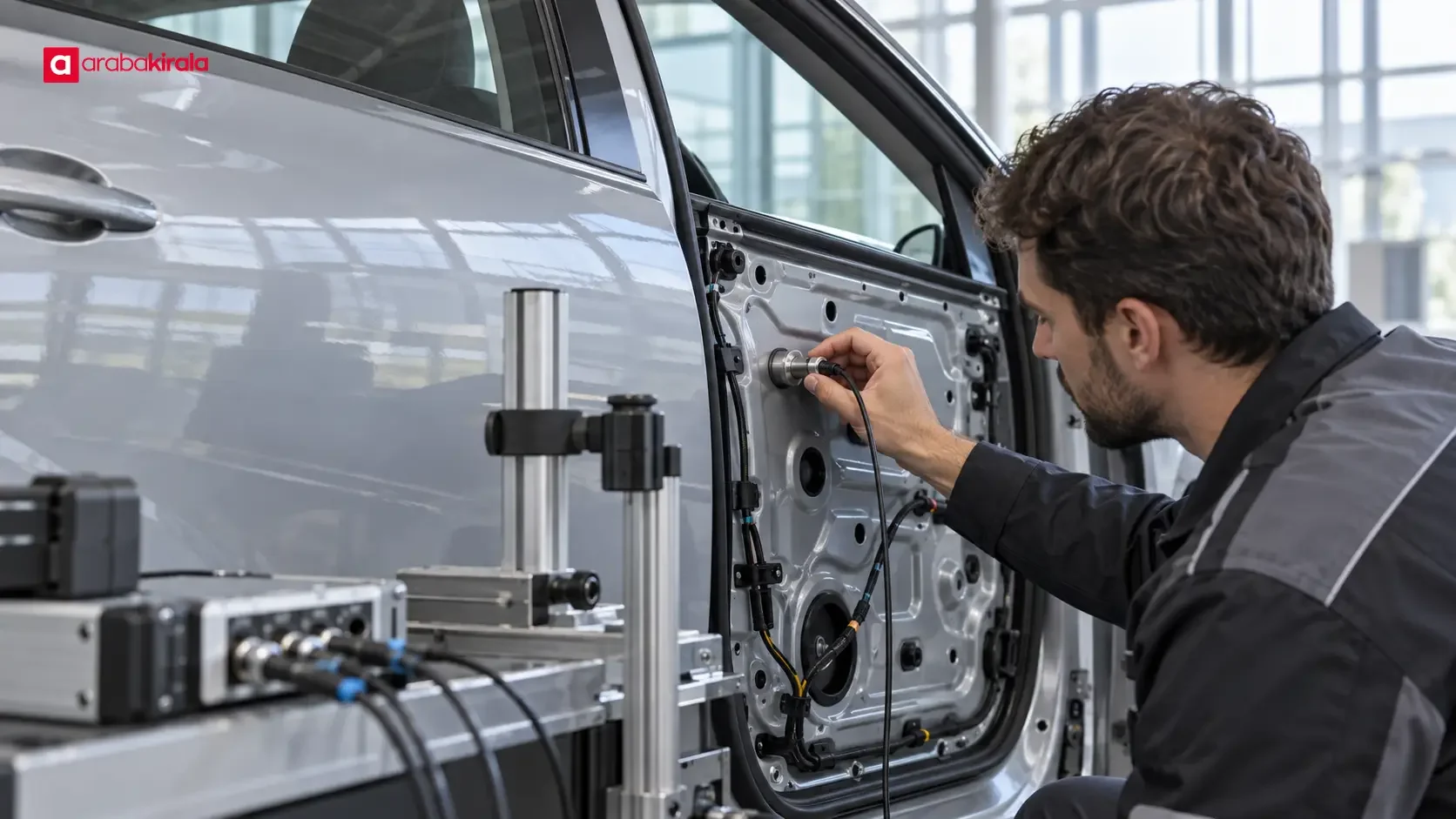 A vehicle undergoing noise and vibration testing in an automotive laboratory