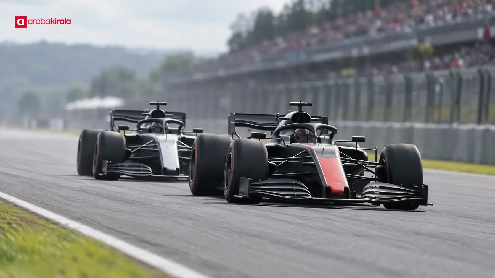 A Formula 1 car following another car on a long straight