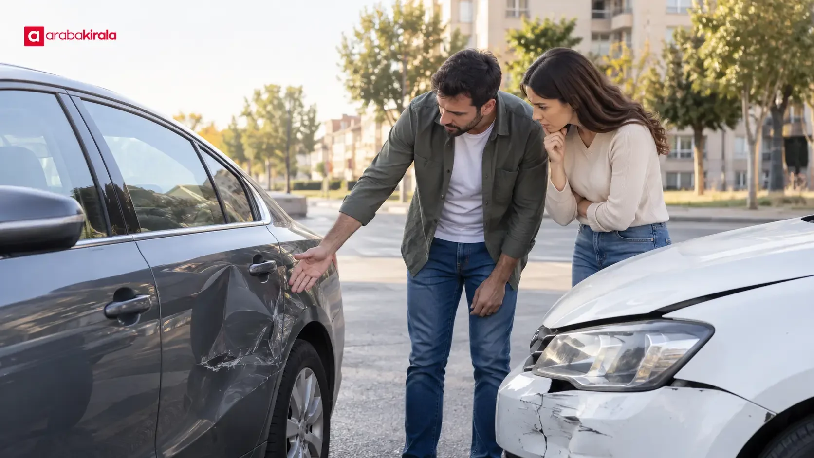Drivers reviewing vehicle damage and liability coverage after a road incident
