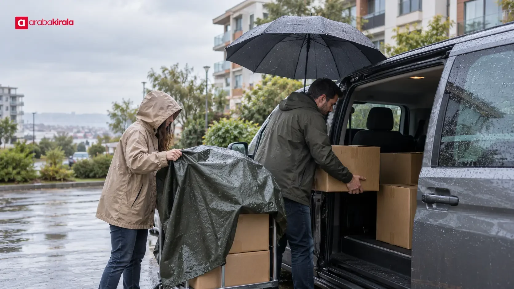 Travelers placing a waterproof bag in a car trunk in an open parking area on a rainy day