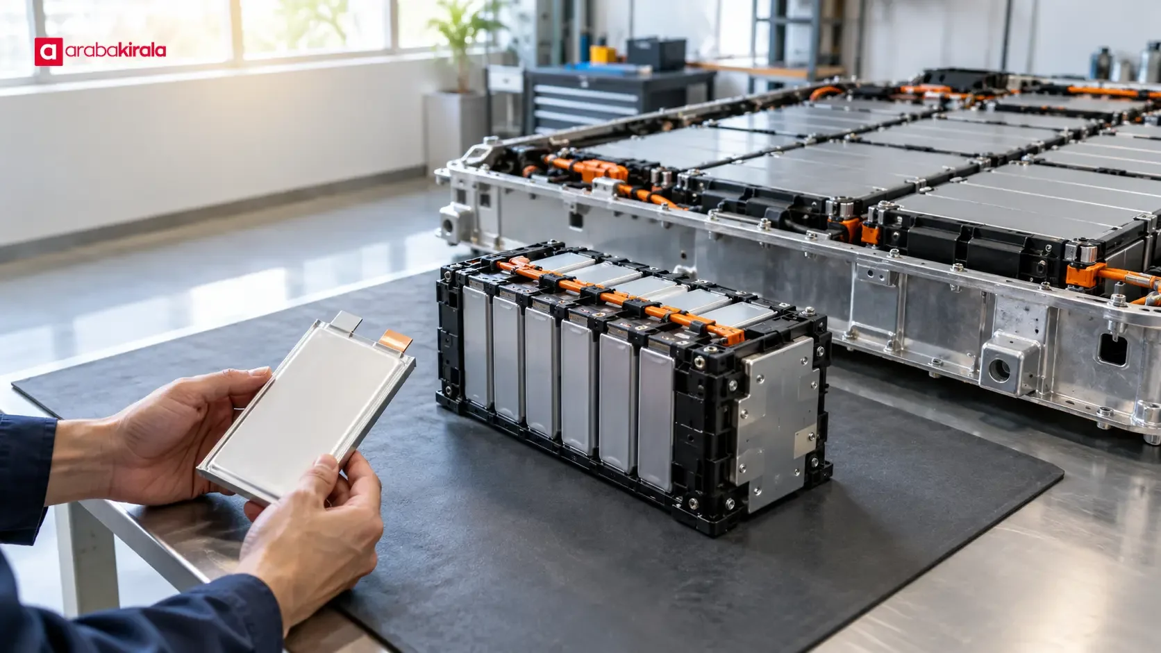 An electric vehicle battery pack with its cells and modules visible