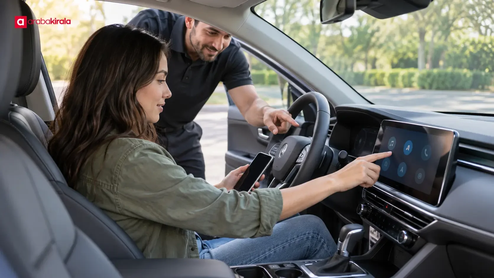 A driver checks the rental car’s multimedia screen and center console controls during handover
