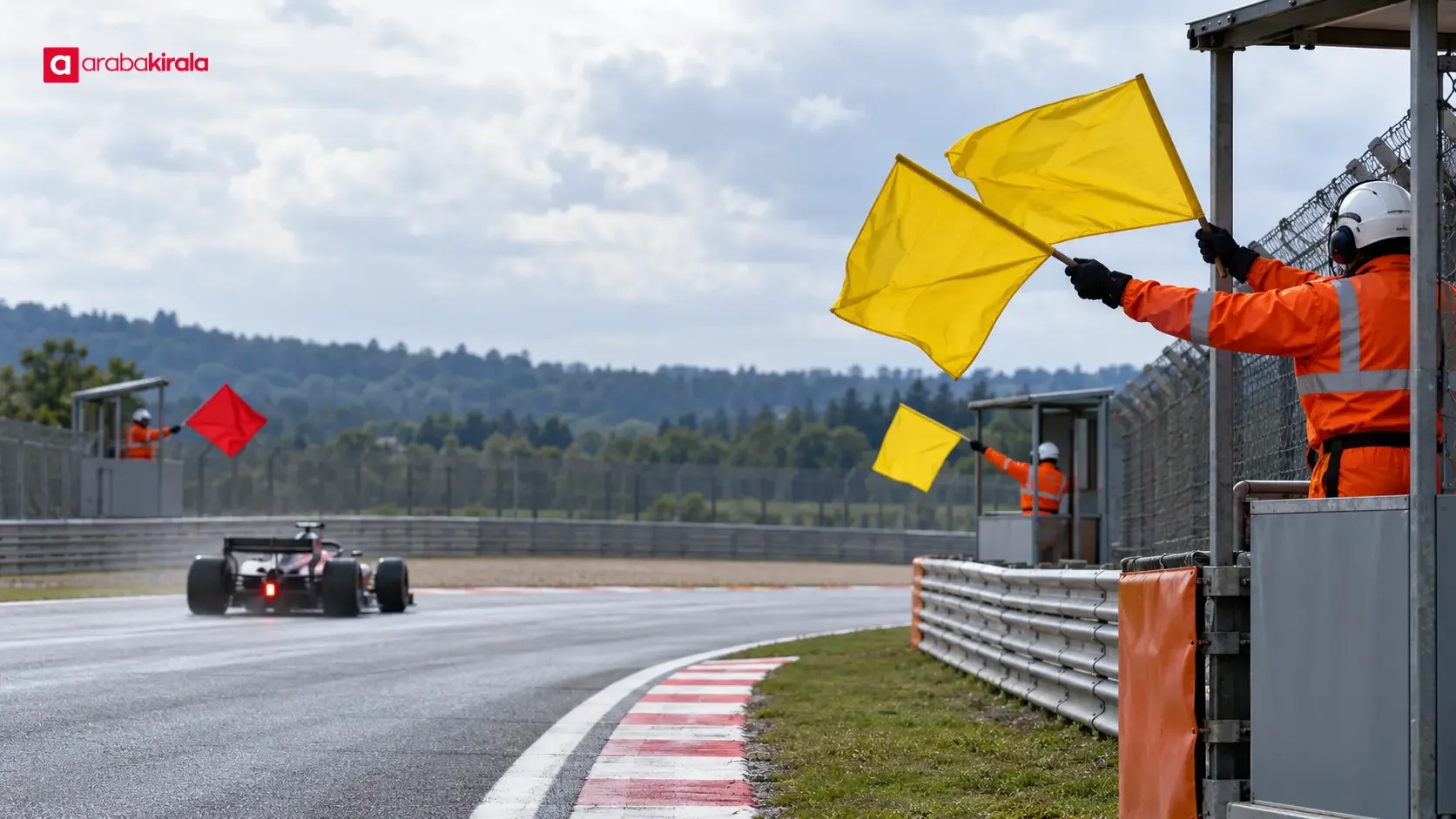 Formula 1 pistinde sarı bayrak sallayan görevli ve yavaşlayan yarış aracı