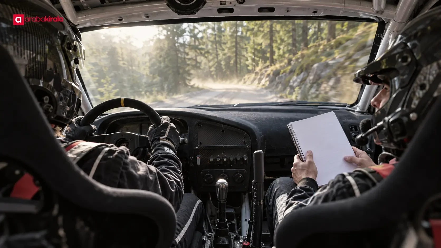WRC otomobilinin kokpitinde tempo notlarını interkomla paylaşan sürücü ve yardımcı pilot