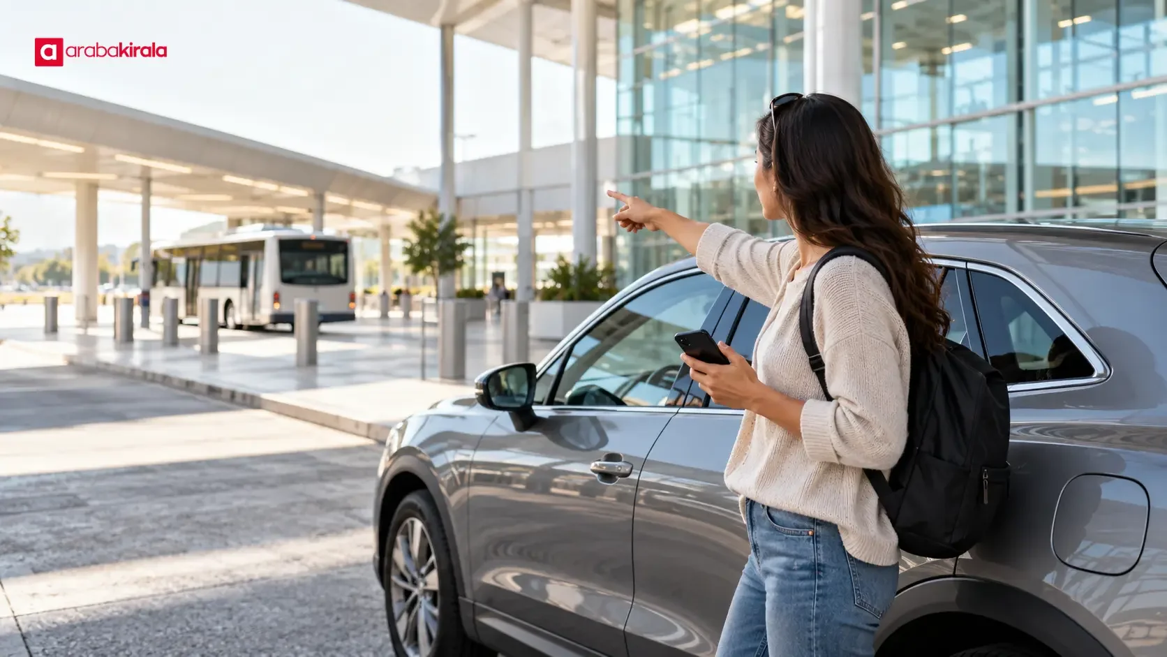 A traveler with luggage walks toward a car pickup area at an airport.