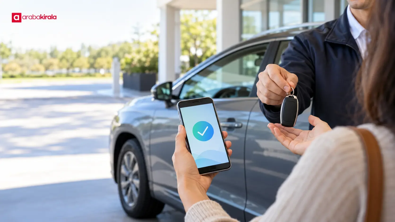 A traveler reviewing car rental reservation details with a staff member