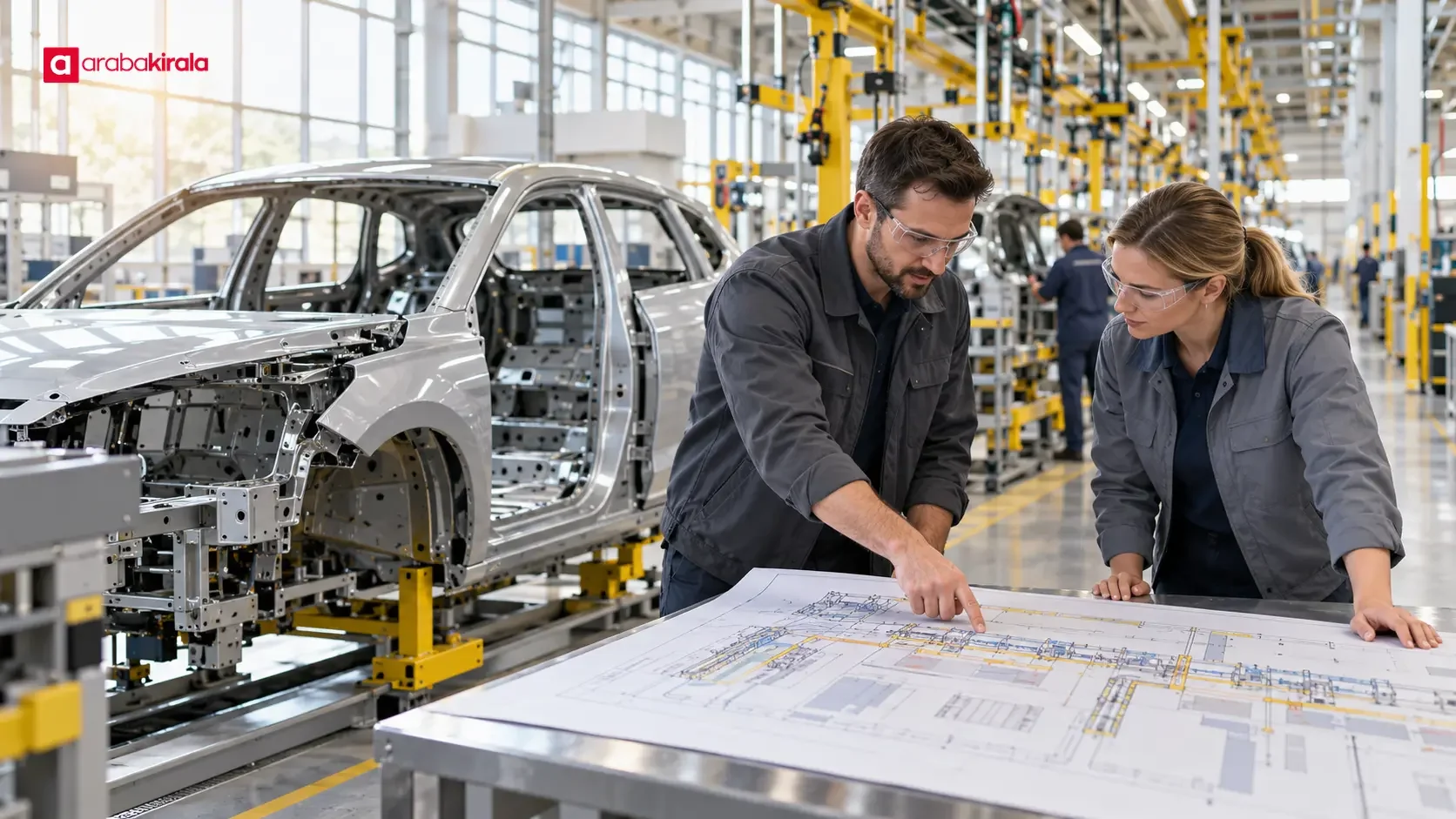 Otomotiv fabrikasında dijital üretim planını inceleyen mühendisler