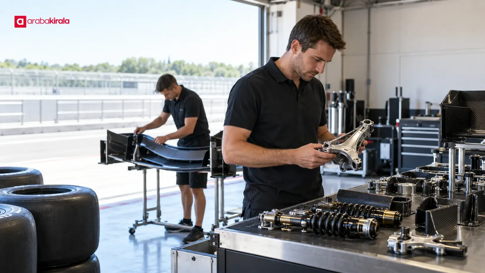 Formula 1 garajında yarış otomobili üzerinde çalışan teknik ekip