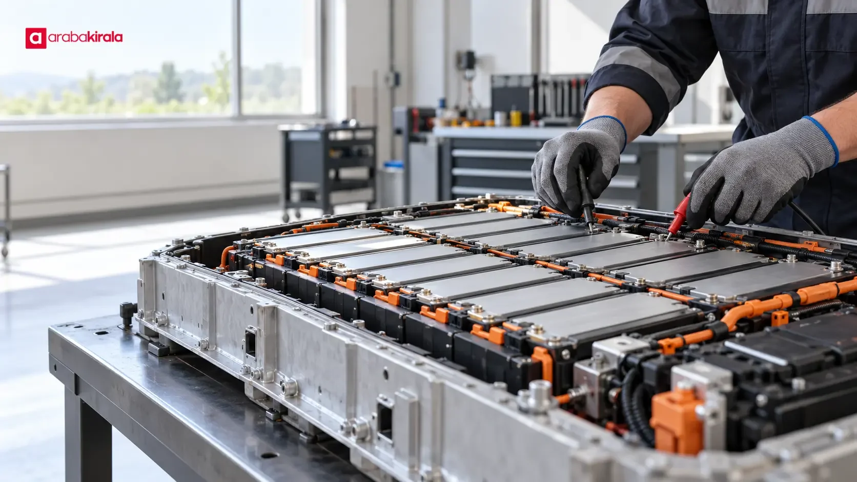 Technicians inspecting cell modules in an electric vehicle battery pack