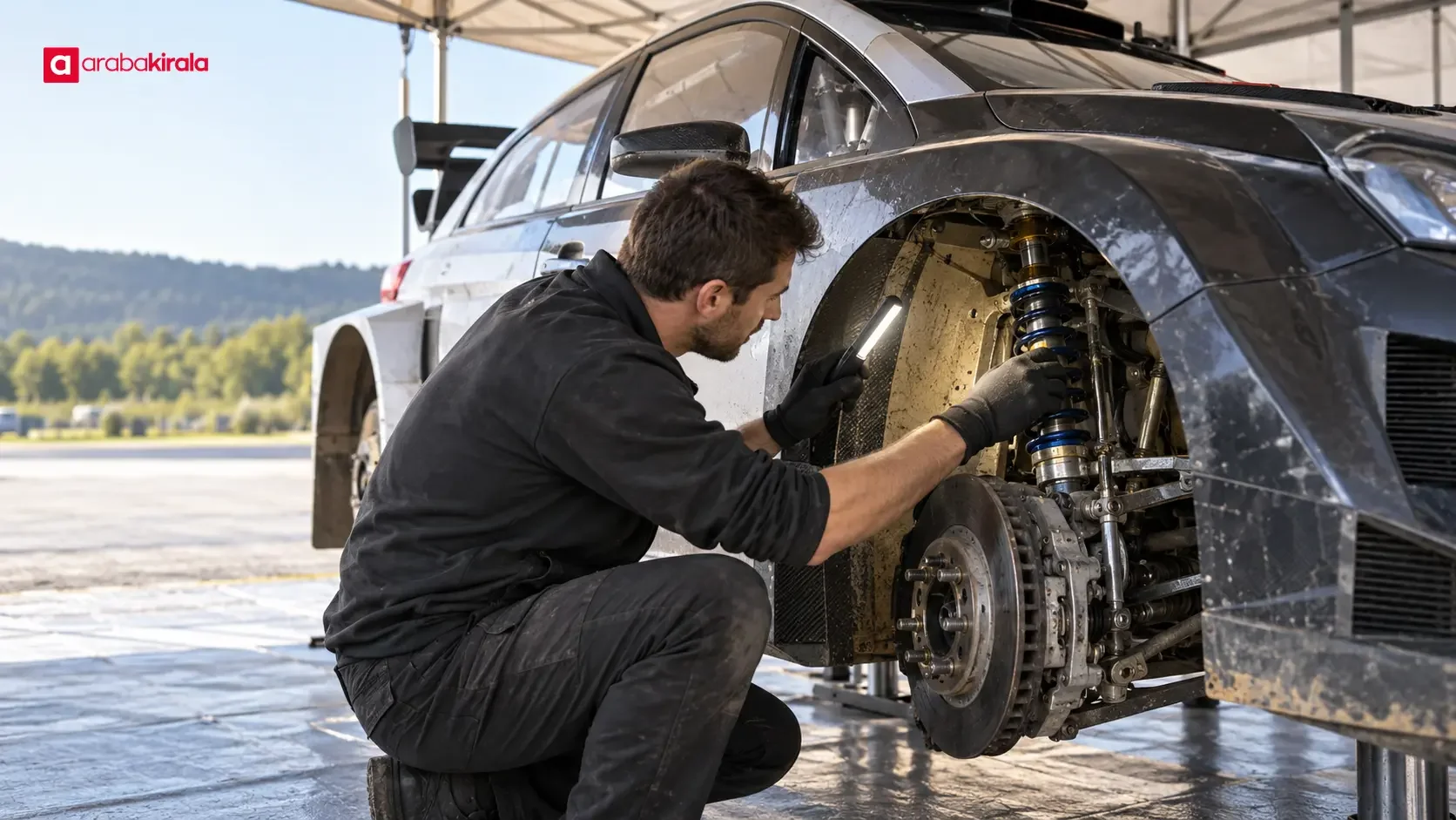 Servis parkında teknik kontrolden geçen bir ralli otomobili