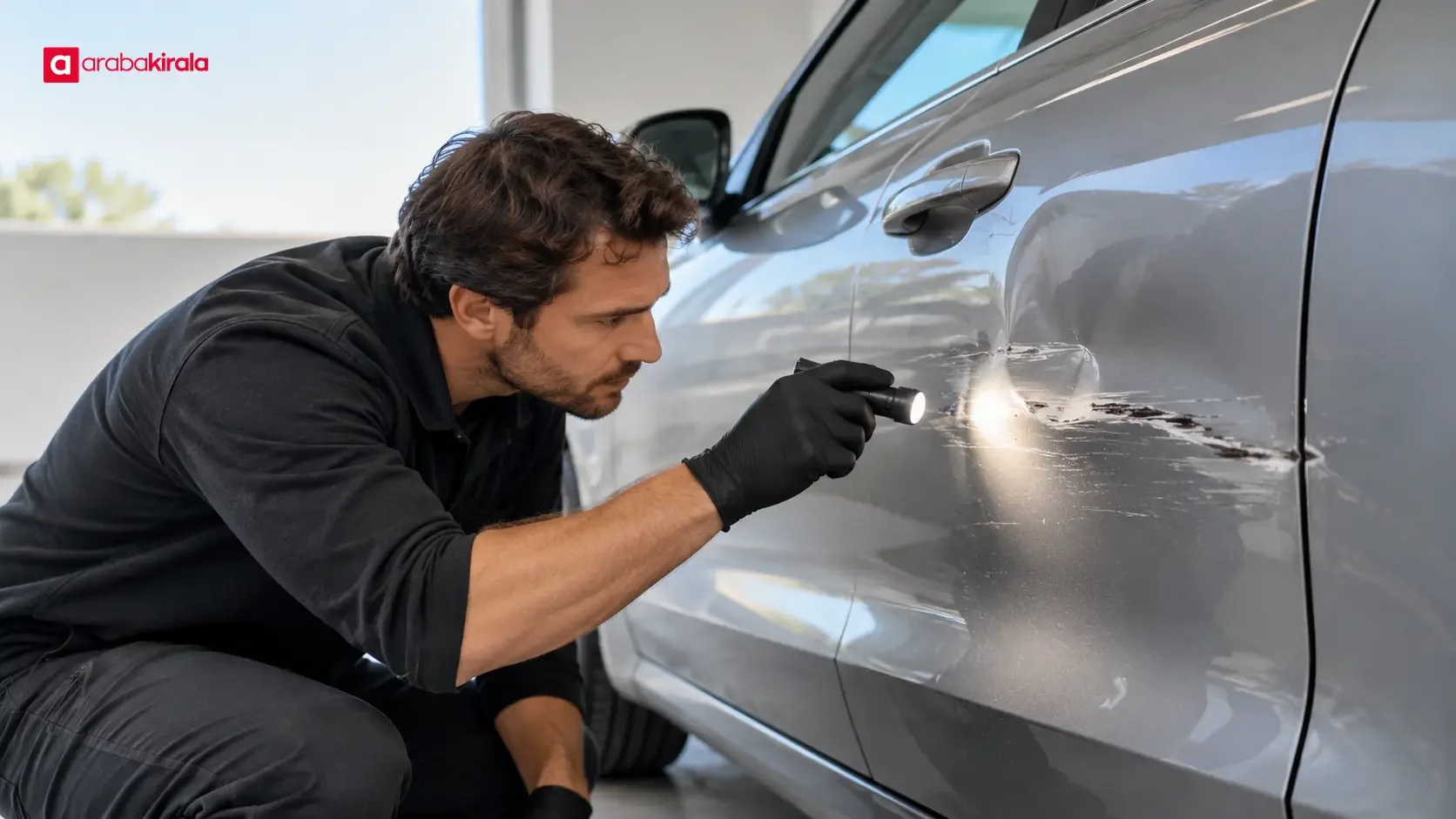 Ekspertiz alanında otomobilin kaporta hasarını inceleyen teknisyen