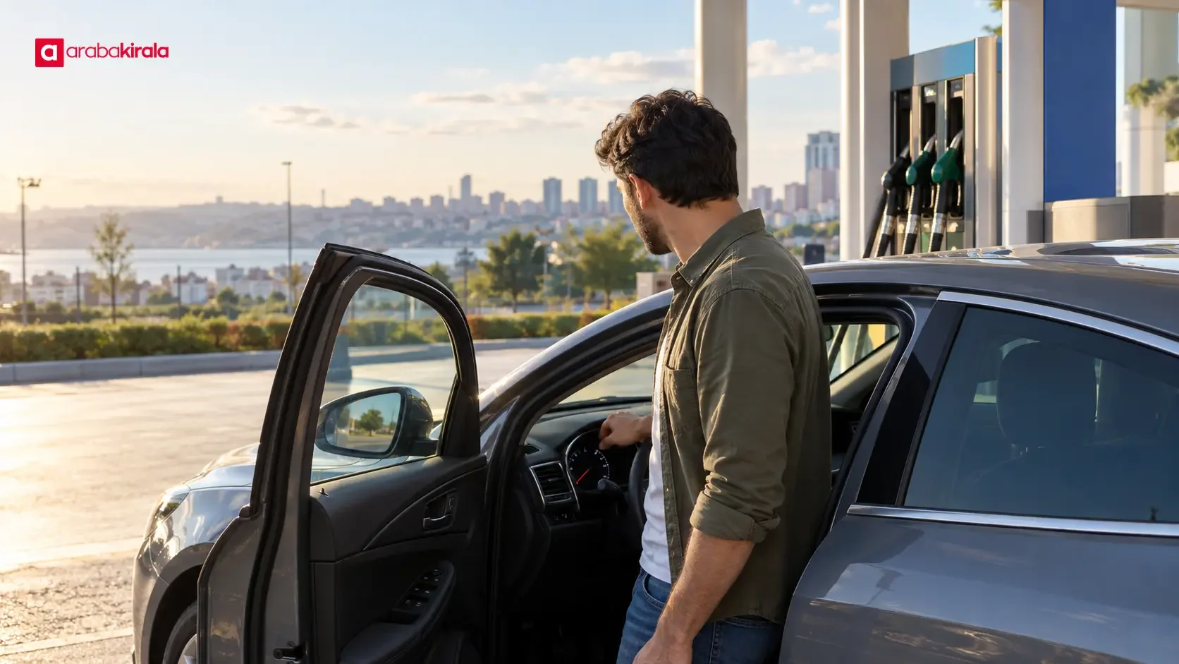 A driver checking a rental car’s fuel gauge and planning the return route in Beylikdüzü