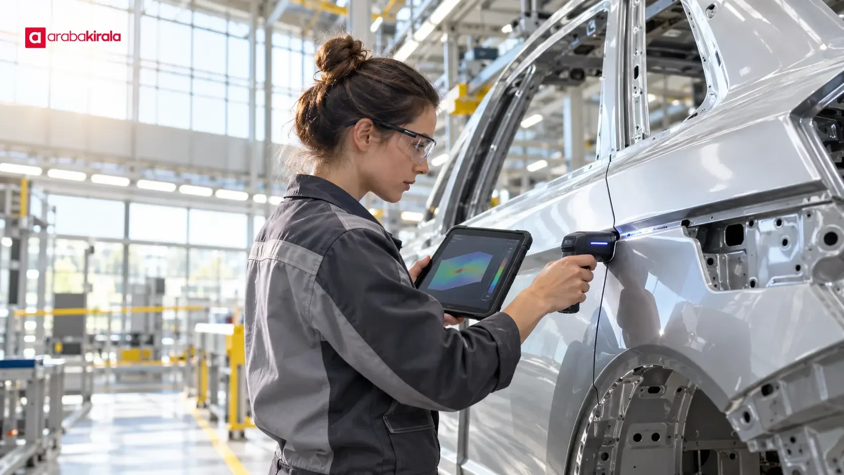 Otomotiv fabrikasında üretim verilerini kalite takibi için inceleyen çalışanlar