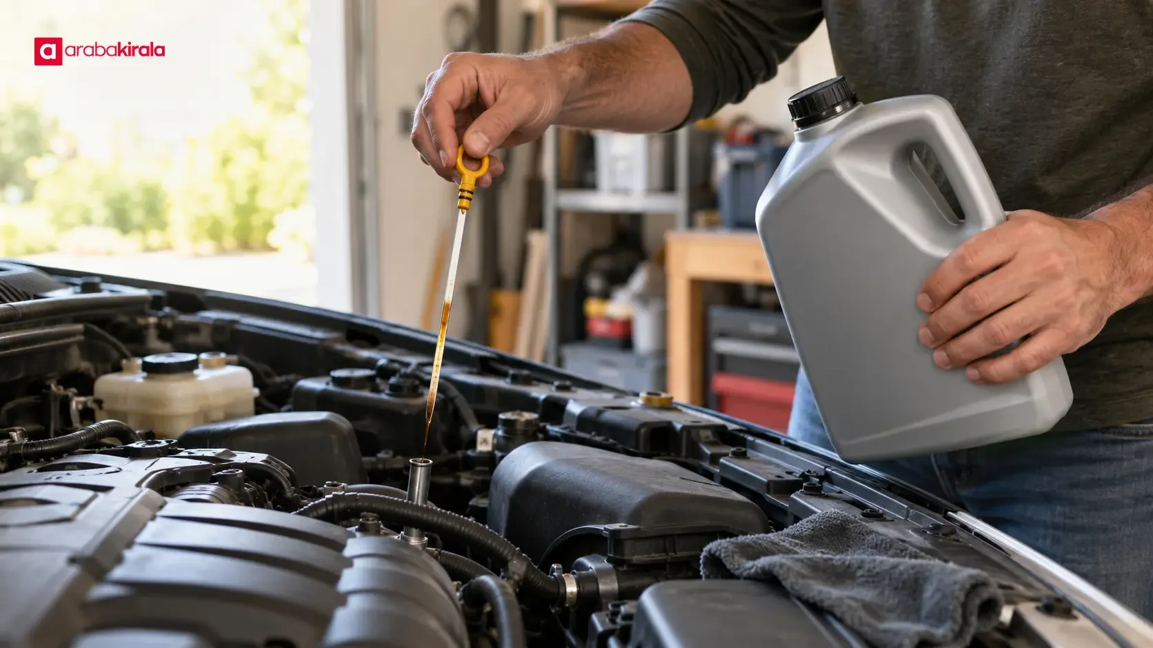 Driver checking the engine oil level with a dipstick