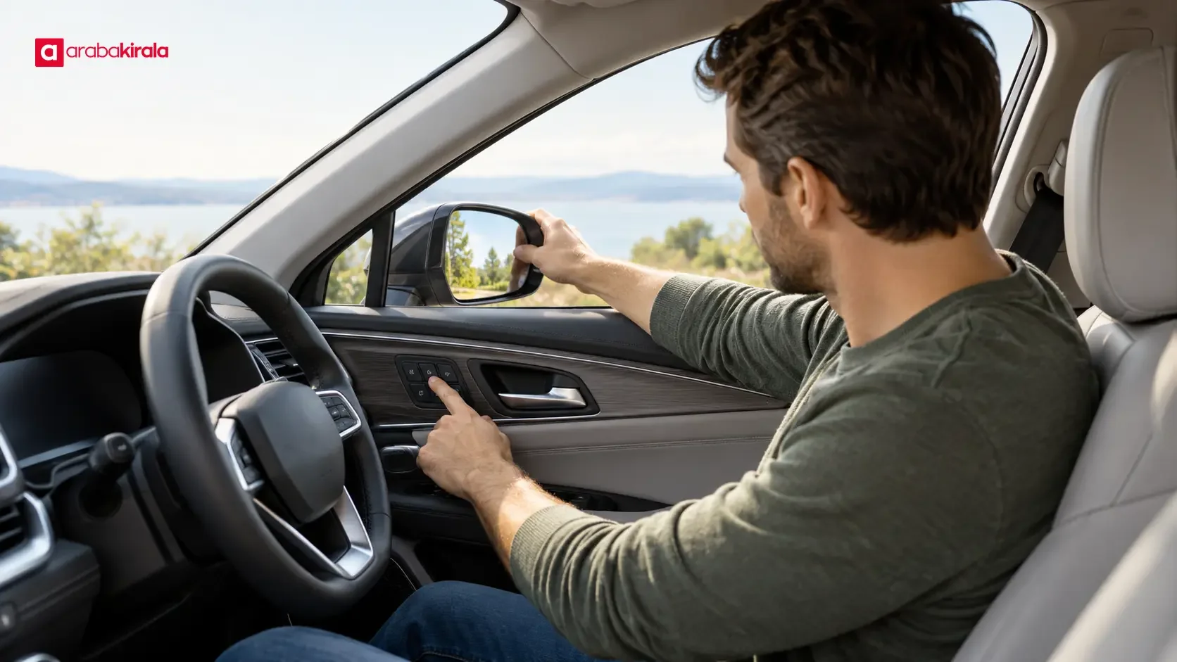 A driver adjusts the seat and side mirrors of a rental car to fit their driving position.