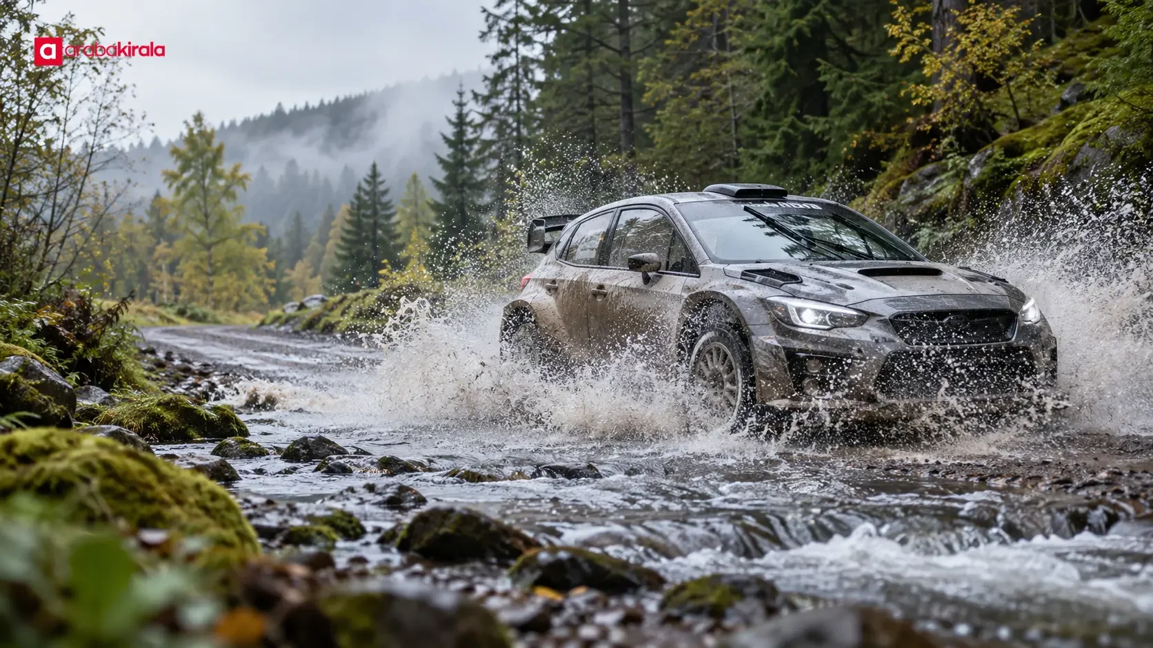 Yağmur sonrası çamurlu ralli etabında su birikintisinden geçen ralli otomobili