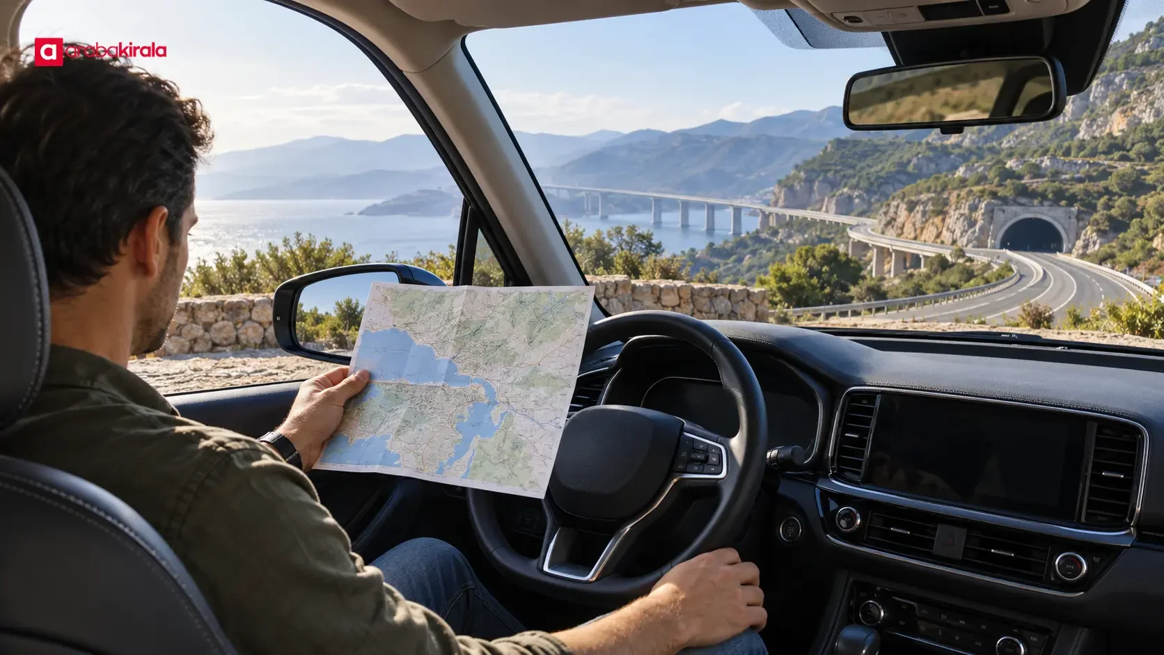 A driver reviewing route and toll options before a rental car trip