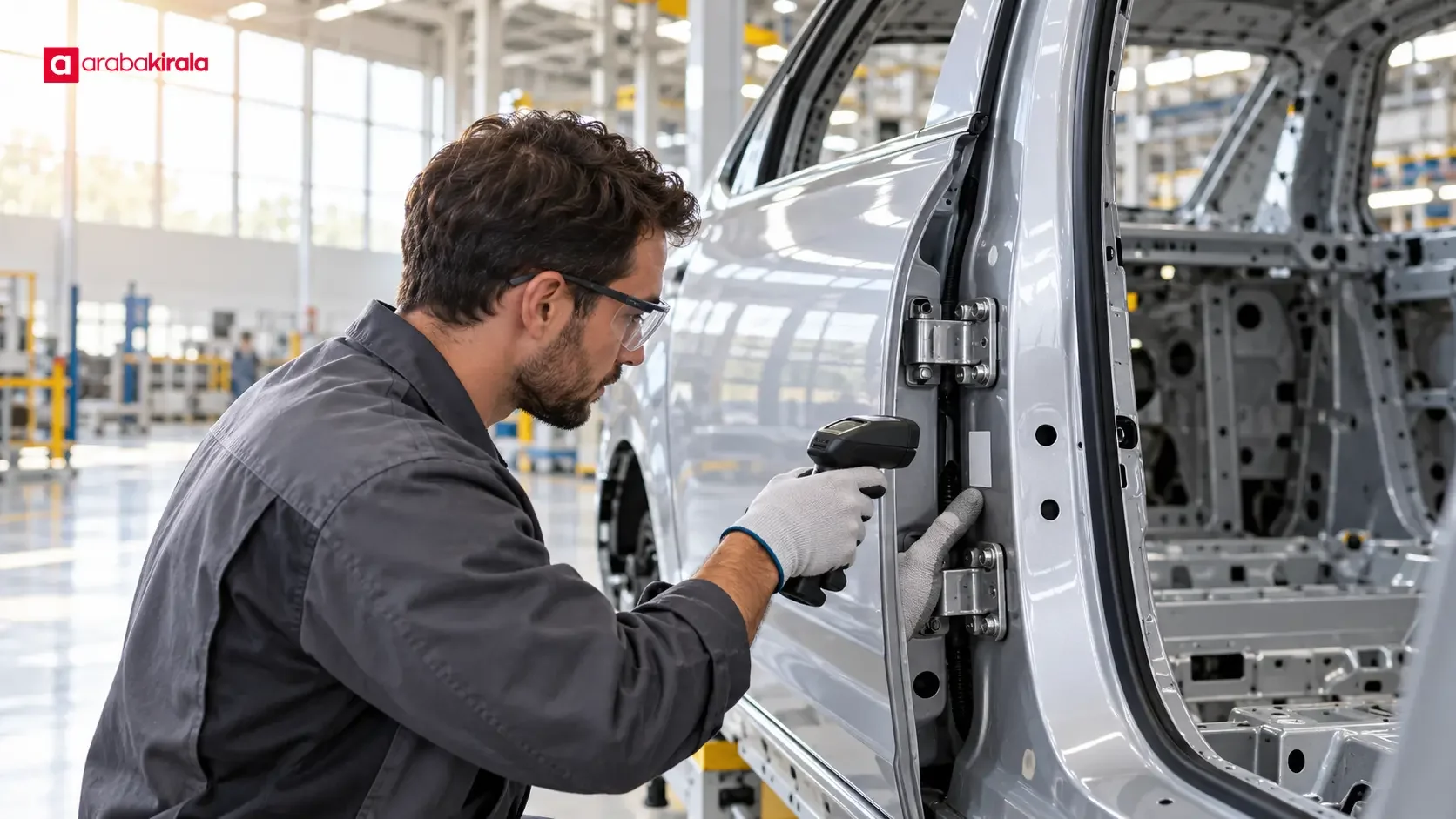 A worker scanning a component for quality traceability on an automotive production line