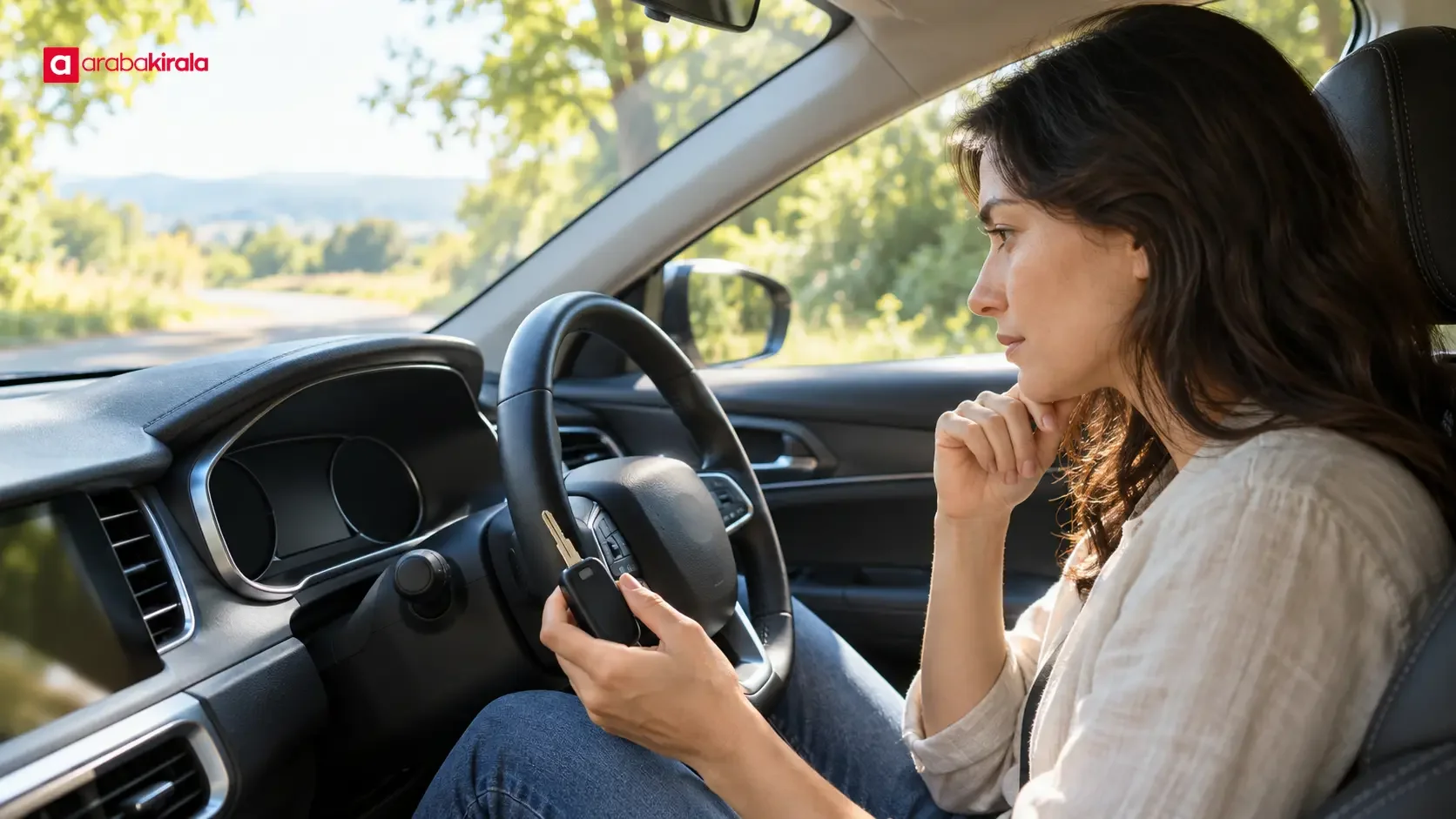 A traveler reviews a return date on a calendar beside a parked rental car