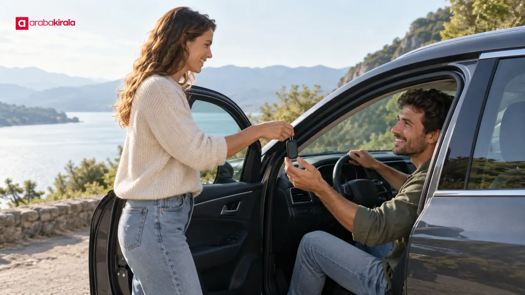 Two travelers reviewing a route beside a rental car