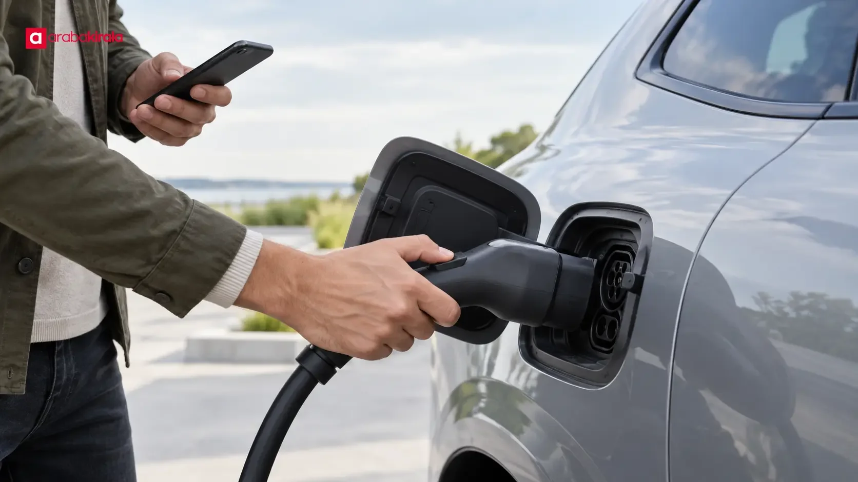 A driver checking the charging connector on an electric car