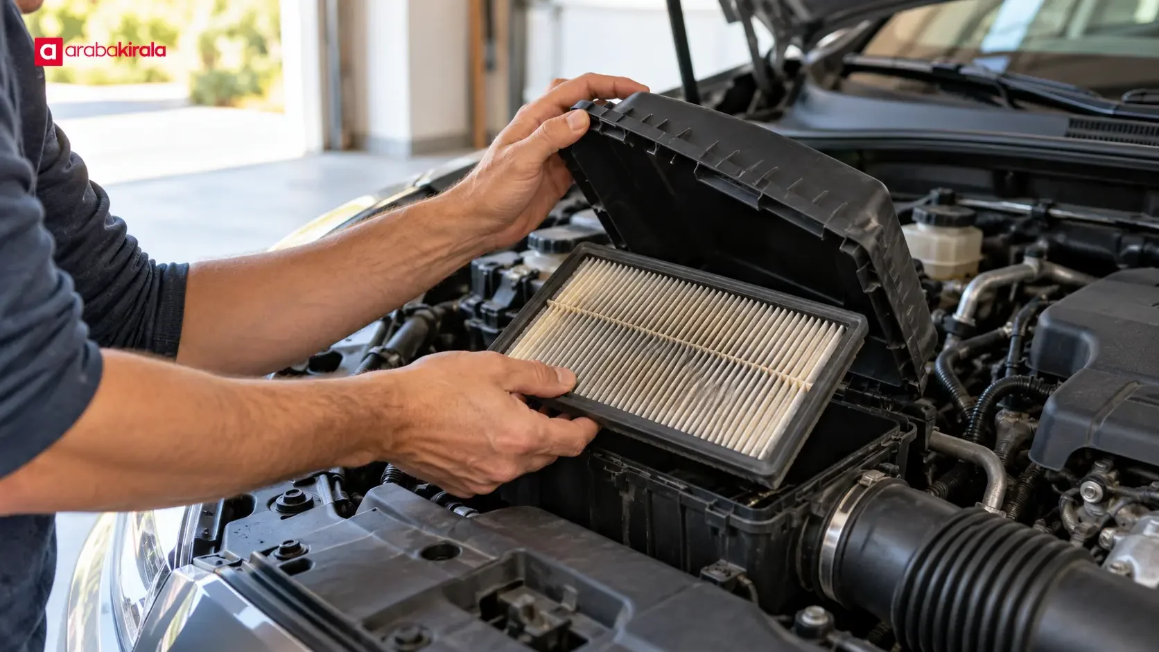 Teknisyenin otomobilin hava filtresini çıkarıp incelediği servis sahnesi