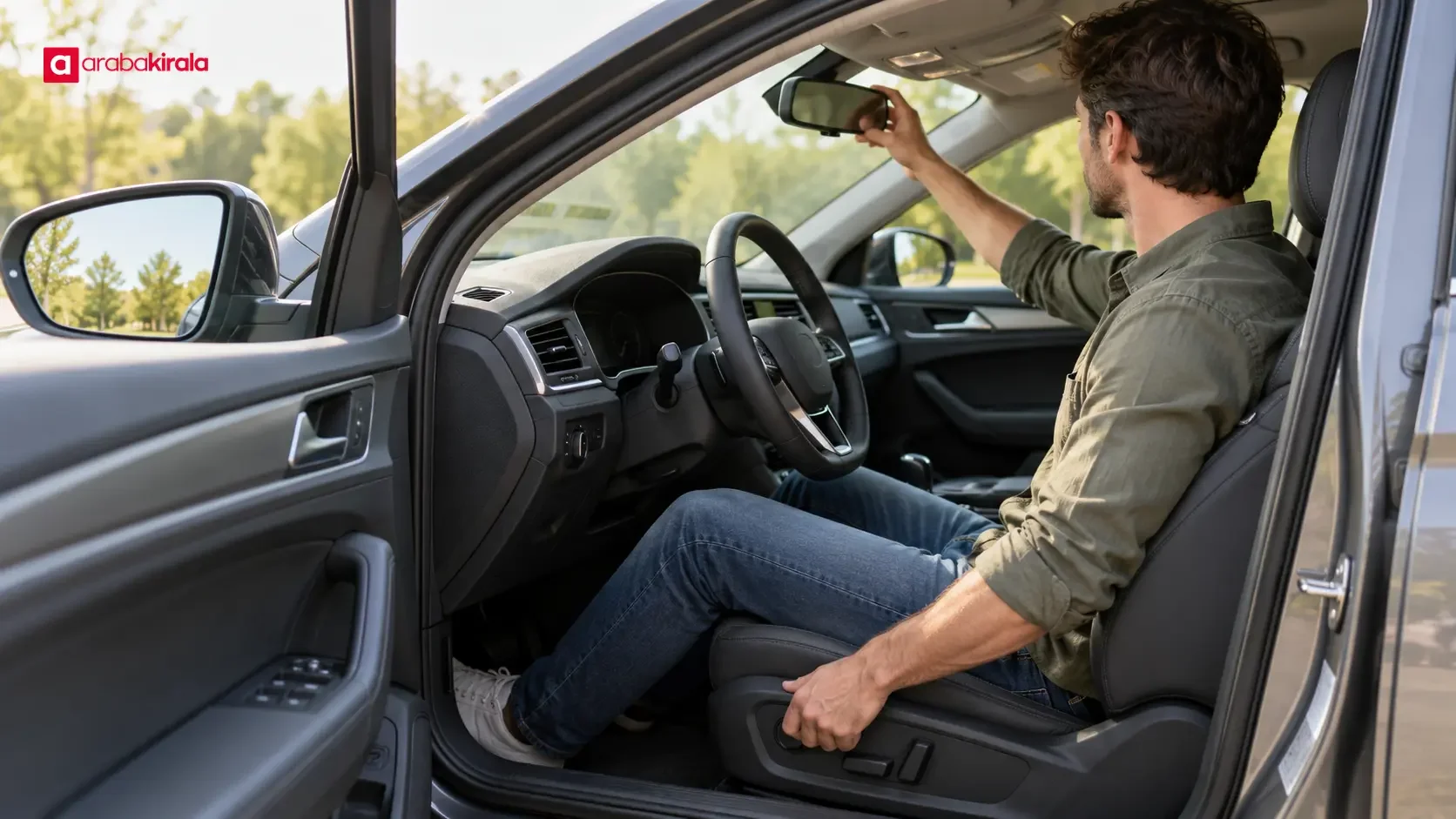 A driver checks the seat, mirror, and steering wheel settings in a rental car