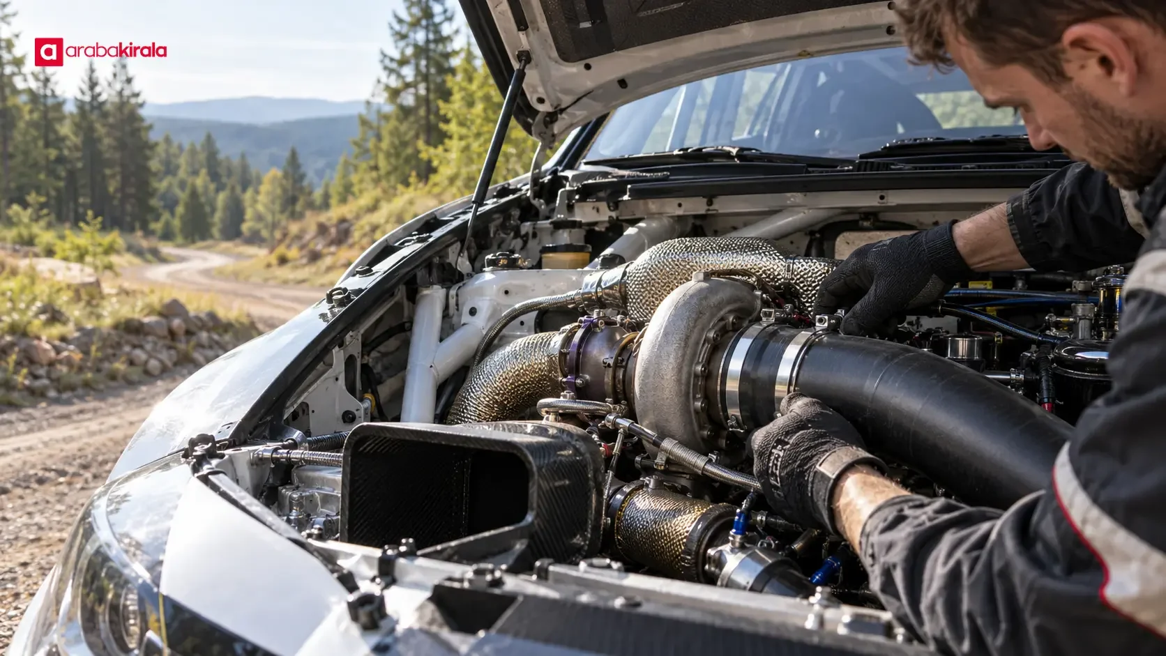 A rally car’s turbocharger and engine air intake pipes being inspected in a service area