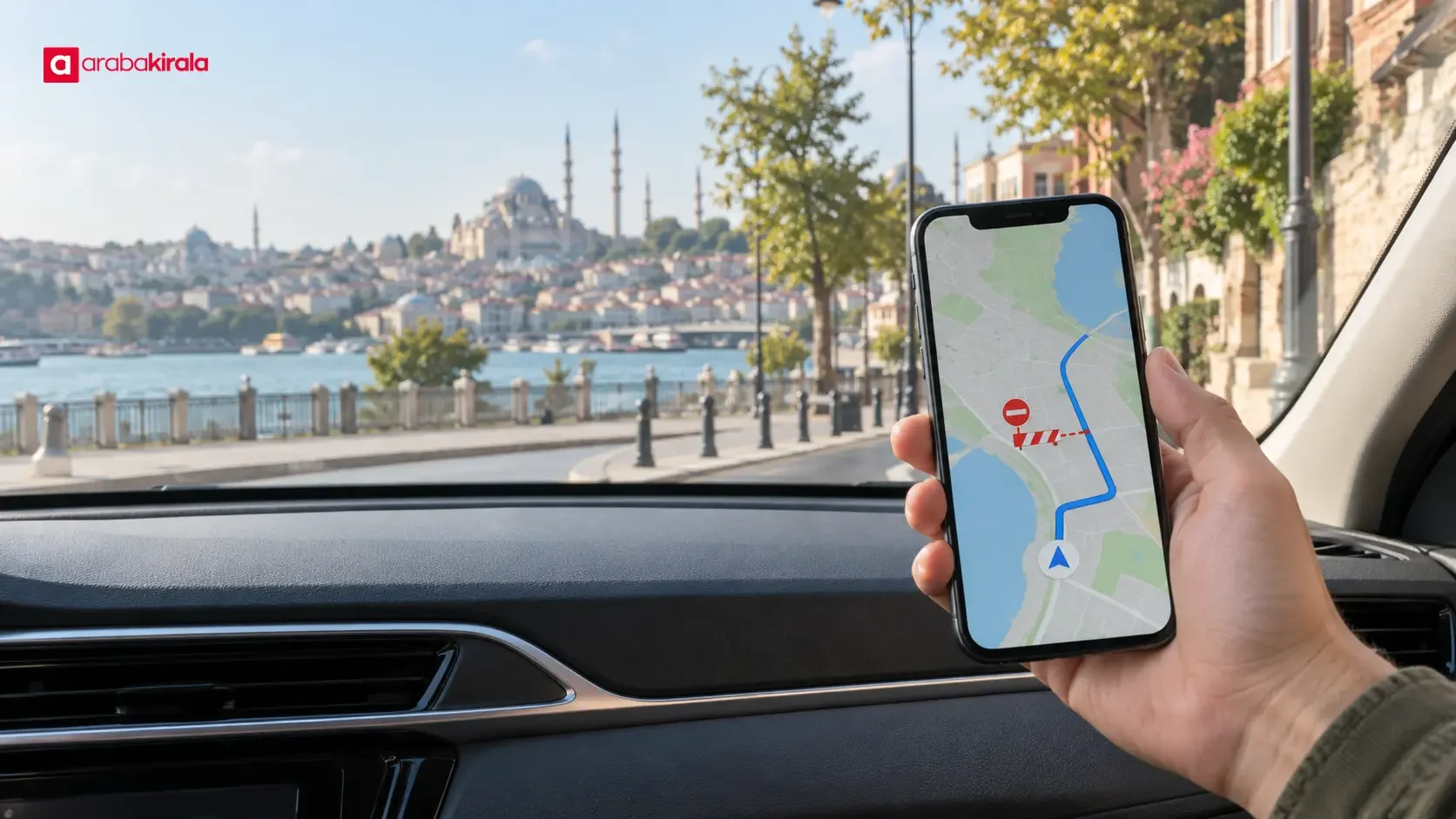 Checking a navigation map before a rental car trip in Istanbul