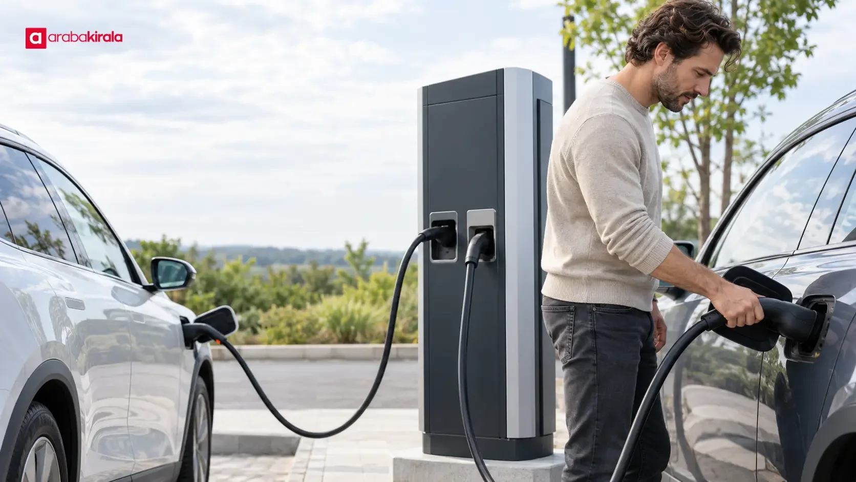 İki elektrikli otomobilin aynı şarj ünitesine bağlandığı alan
