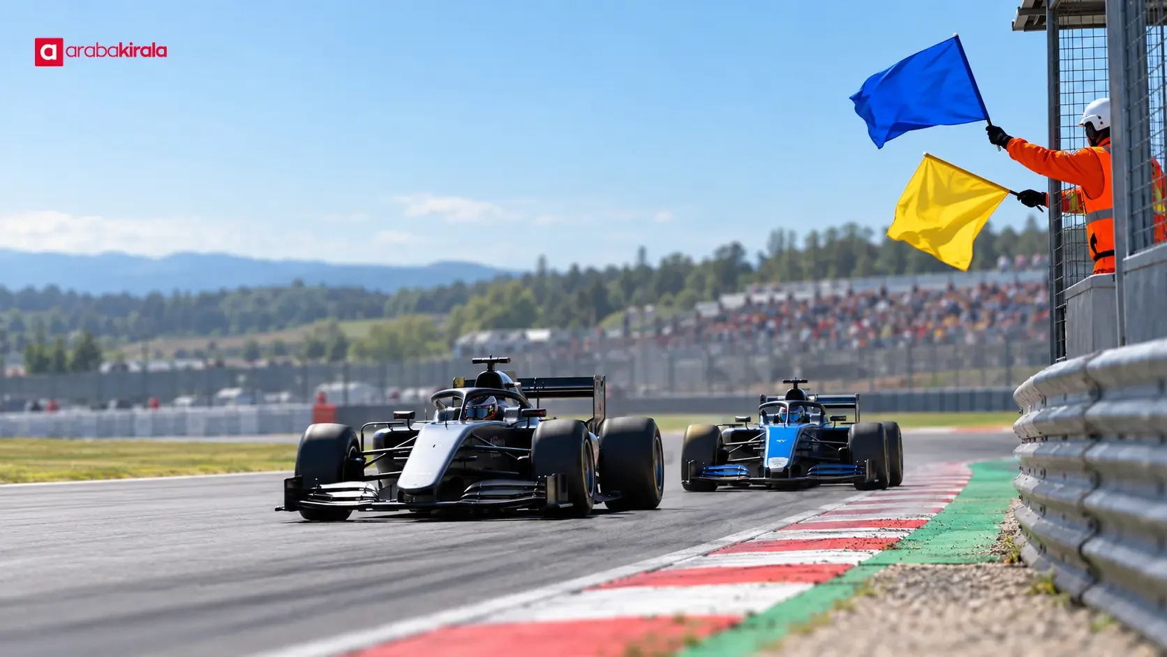 A marshal displaying blue and yellow flags beside a Formula 1 track