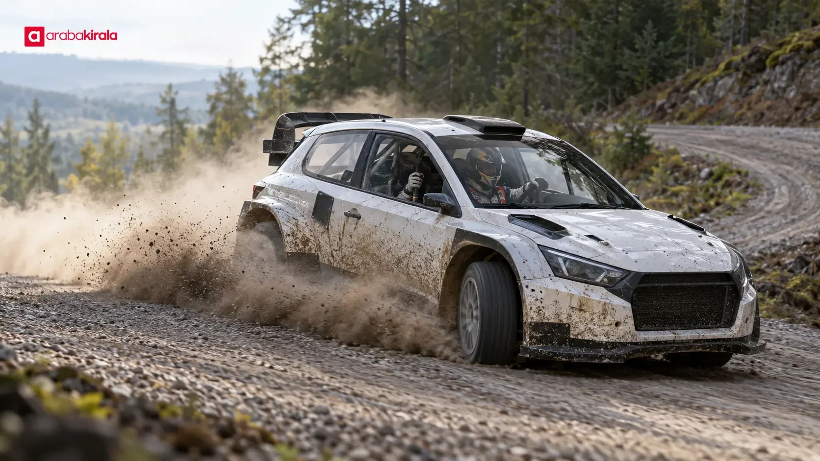WRC ralli aracının dar virajda el freniyle yön değiştirmesi
