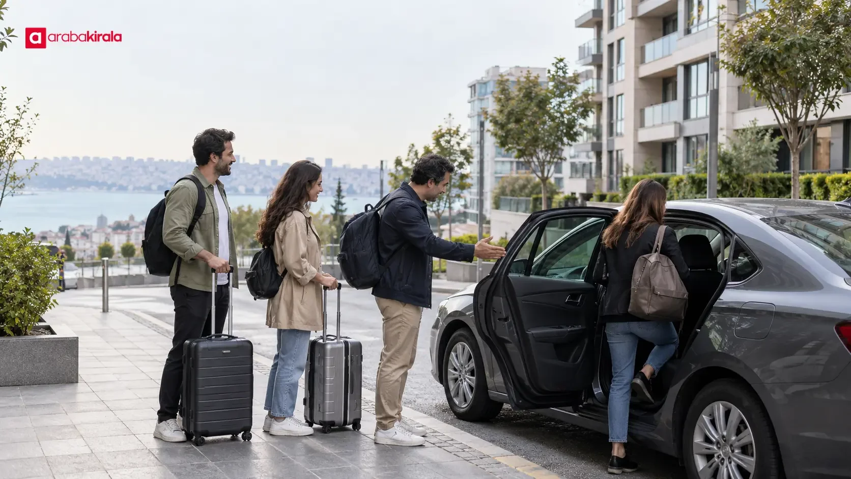Beylikdüzü’nde araç kiralayan yolcular buluşma noktasında araca binmeye hazırlanıyor.