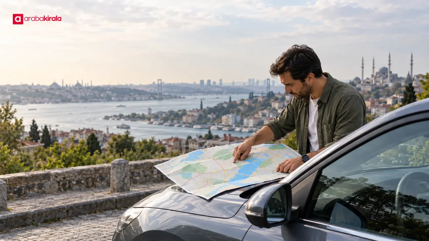 İstanbul’da kiralık araç rotası planlarken telefondan resmî haritayı inceleyen yolcu