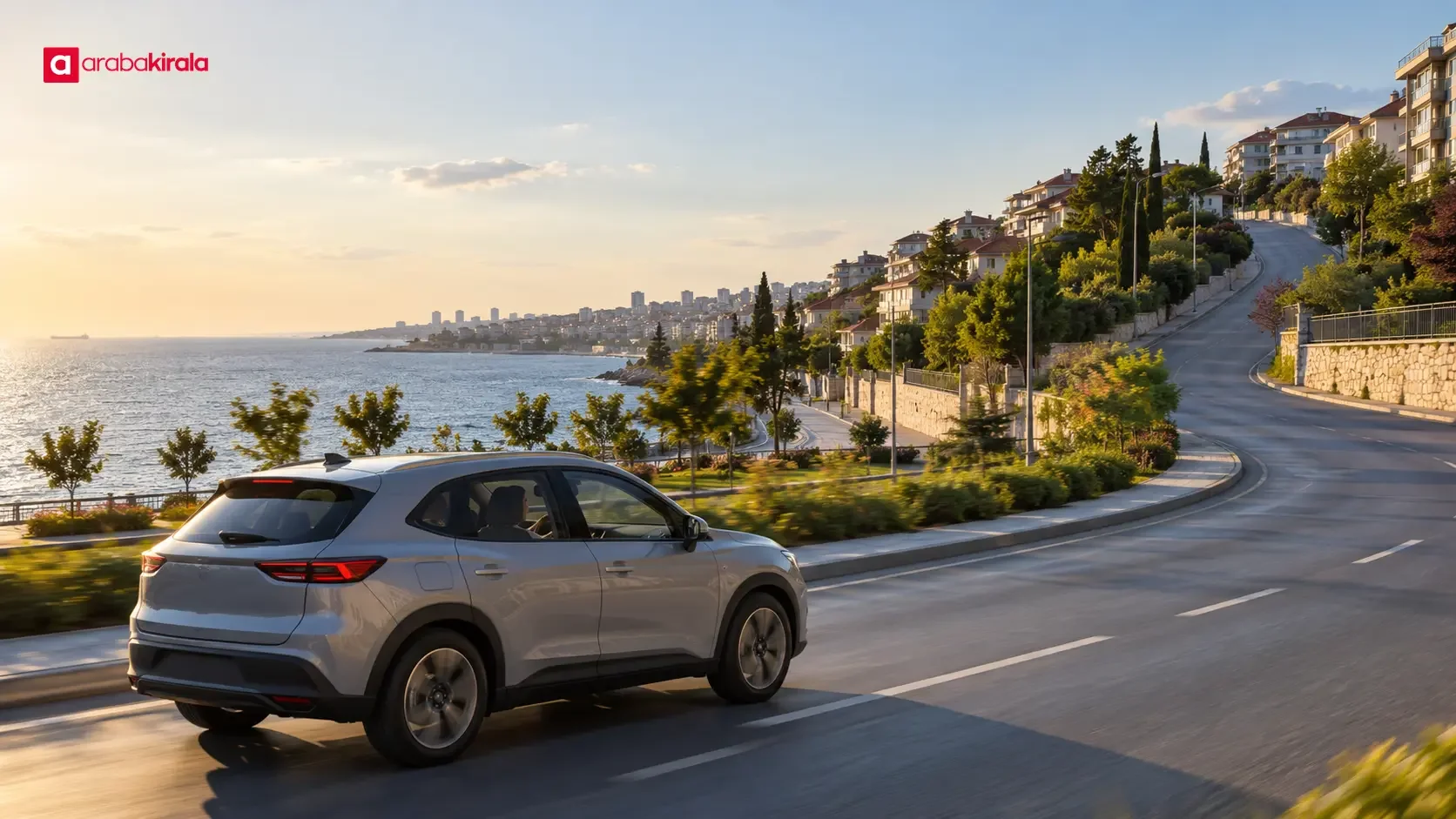 An unbranded car driving along Beylikdüzü’s coastal road with a sea view